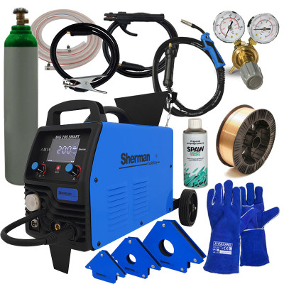 Стартов Комбо продукт за заварчици с Инверторен заваръчен апарат Sherman MIG 200 SMART с колела и рафт за бутилка - Вариант 1