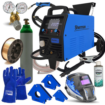 Стартов Комбо продукт за заварчици с Инверторен заваръчен апарат Sherman MIG 200 SMART с колела и рафт за бутилка